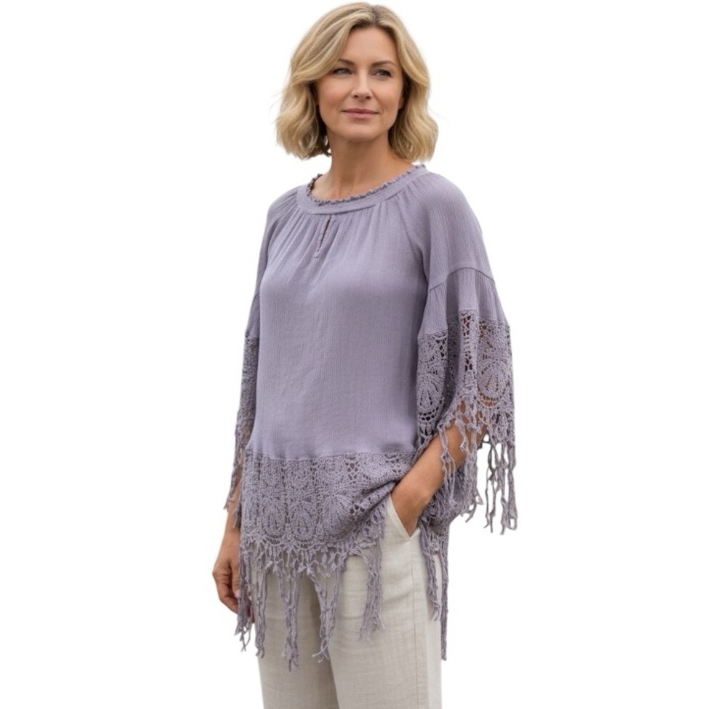 Indigo Thread Co Medium Purple Cotton Embroidered Boho Tunic Shirt Coastal